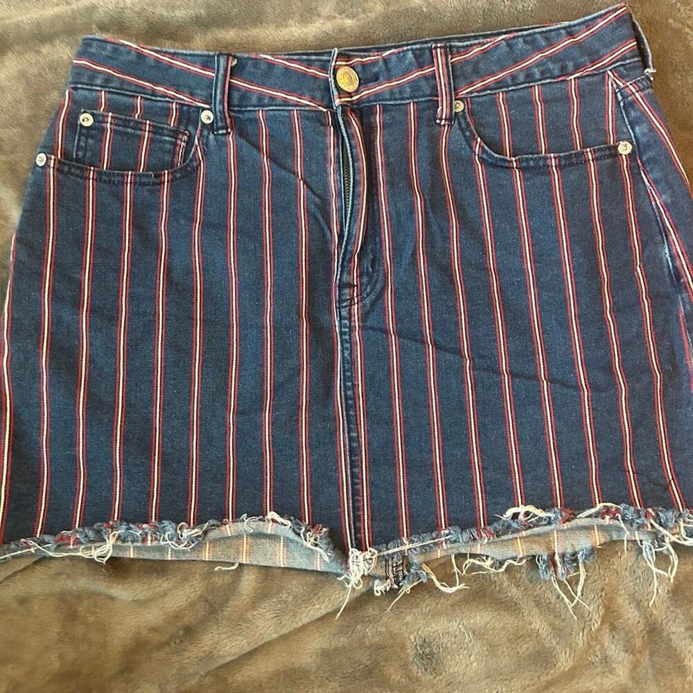 American Eagle Outfitters Navy Blue Denim Mini Skirt with Red Stripes
